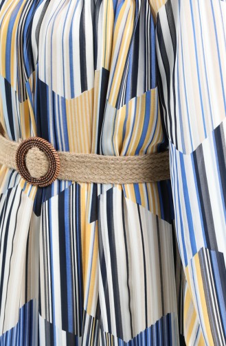 Striped Chiffon Dress with Belt 3054-01 Mustard Blue 3054-01
