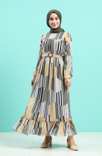 Striped Chiffon Dress with Belt 3054-02 Mustard Green 3054-02