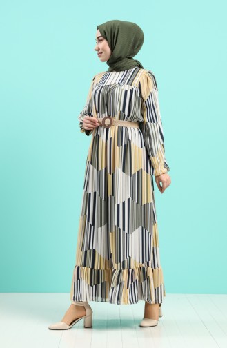 Striped Chiffon Dress with Belt 3054-02 Mustard Green 3054-02