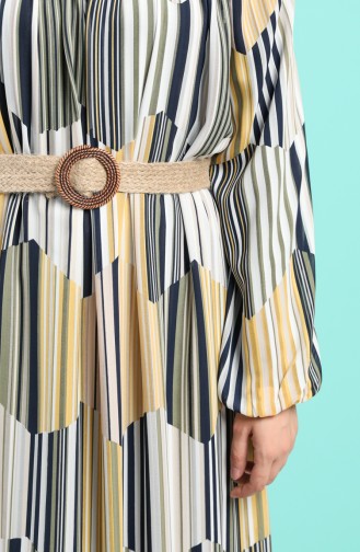 Striped Chiffon Dress with Belt 3054-02 Mustard Green 3054-02