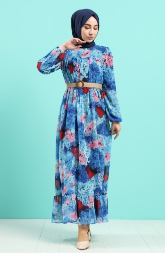 Patterned Belt Dress 5149a-03 Saxe Blue 5149A-03