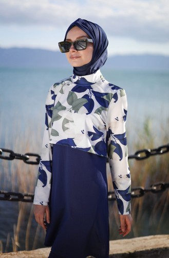 Gemusterter Hijab Badeanzug 1972-01 Dunkelblau 1972-01