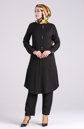 Button Detailed Tunic Trousers Double Suit 3046-02 Black 3046-02