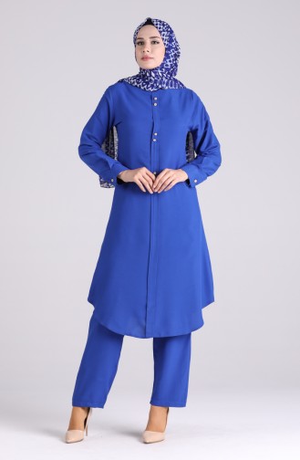 Button Detailed Tunic Trousers Double Suit 3046-04 Saxe Blue 3046-04