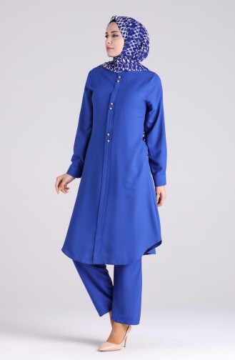 Button Detailed Tunic Trousers Double Suit 3046-04 Saxe Blue 3046-04