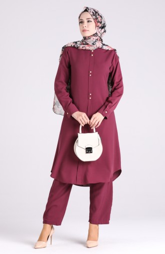 Button Detailed Tunic Trousers Double Suit 3046-05 Cherry 3046-05