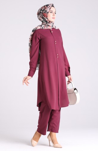 Button Detailed Tunic Trousers Double Suit 3046-05 Cherry 3046-05