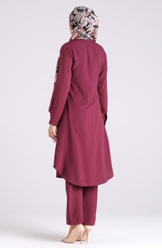 Button Detailed Tunic Trousers Double Suit 3046-05 Cherry 3046-05