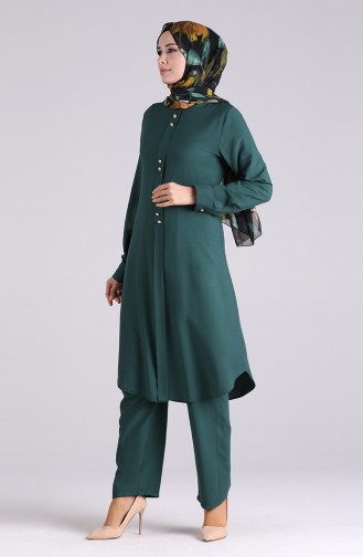 Button Detailed Tunic Trousers Double Suit 3046-06 Emerald Green 3046-06