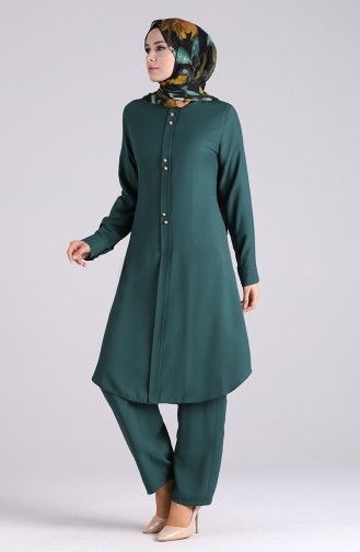 Button Detailed Tunic Trousers Double Suit 3046-06 Emerald Green 3046-06