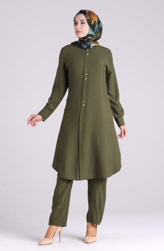 Button Detailed Tunic Trousers Double Suit 3046-08 Khaki 3046-08