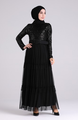 Sequined Belt Evening Dress 5701a-01 Black 5701A-01