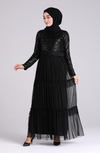 Sequined Belt Evening Dress 5701a-01 Black 5701A-01