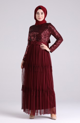 Sequined Belt Evening Dress 5701a-02 Burgundy 5701A-02