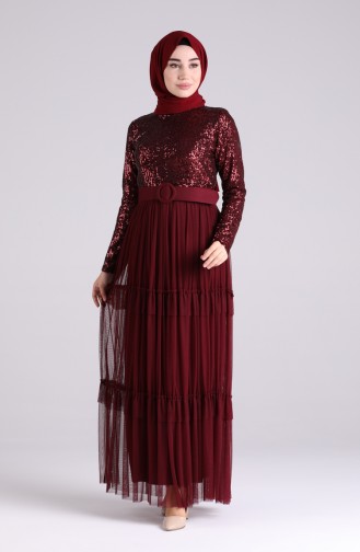 Sequined Belt Evening Dress 5701a-02 Burgundy 5701A-02