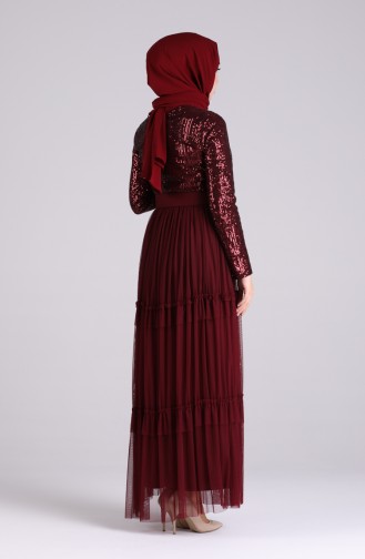 Sequined Belt Evening Dress 5701a-02 Burgundy 5701A-02