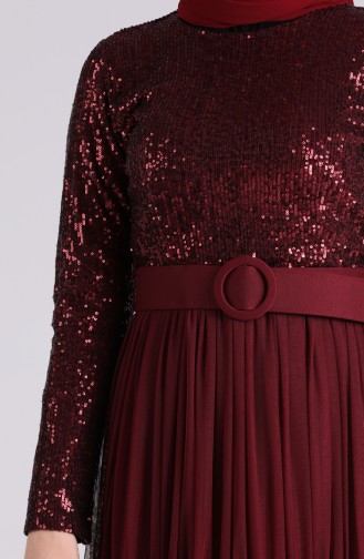 Sequined Belt Evening Dress 5701a-02 Burgundy 5701A-02