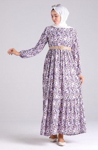 Belted Patterned Dress 0377-02 Lilac 0377-02