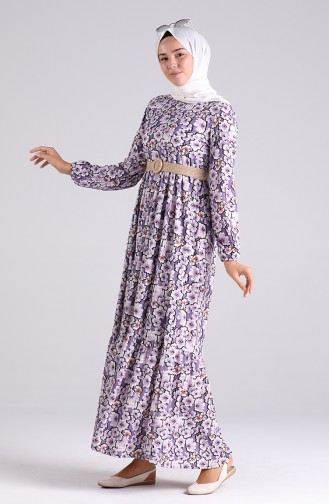 Belted Patterned Dress 0377-02 Lilac 0377-02