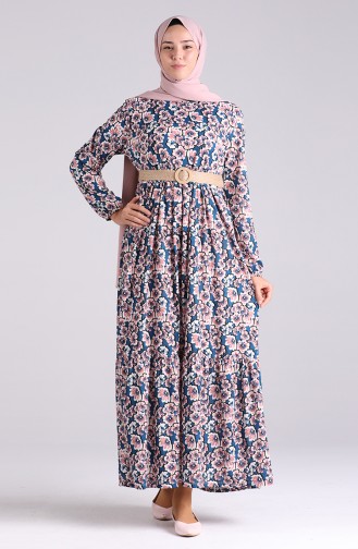 Belted Patterned Dress 0377-04 Petrol 0377-04