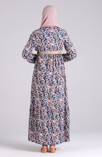 Belted Patterned Dress 0377-04 Petrol 0377-04