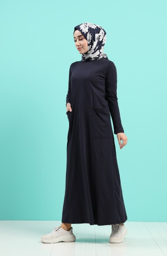 Cotton Dress with Pockets 0321-05 Navy Blue 0321-05