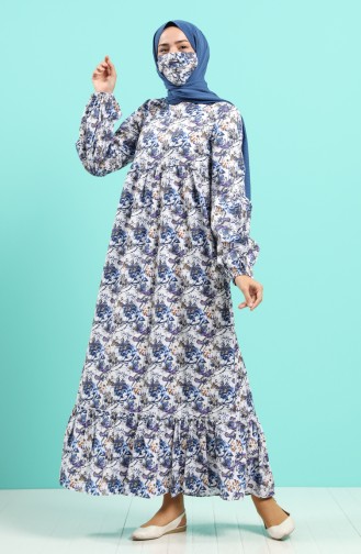 Patterned Dress with Free Mask 1407-02 Ecru Navy Blue 1407-02