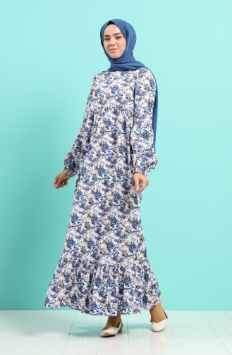 Patterned Dress with Free Mask 1407-02 Ecru Navy Blue 1407-02