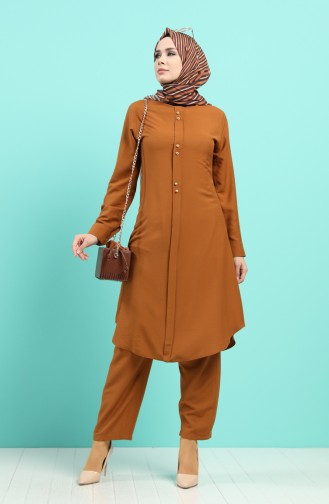 Button Detailed Tunic Trousers Double Suit 3046-03 Tobacco 3046-03