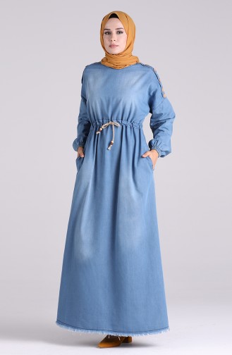 Denim Blue Hijab Evening Dress 7084-02