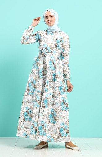 Çiçek Desenli Elbise 4616-01 Ekru Mavi