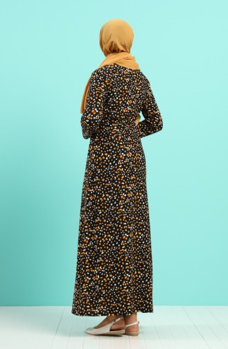 Patterned Dress with Belt 5709D-02 Black Mustard 5709D-02