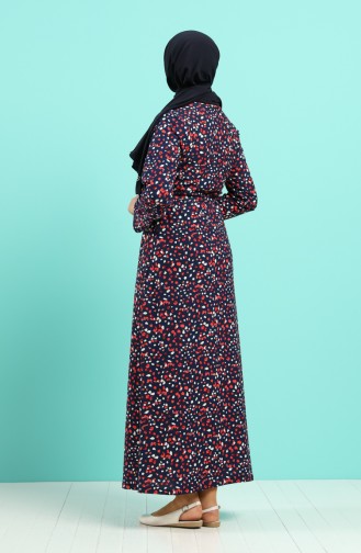 Desenli Kuşaklı Elbise 5709D-03 Lacivert Mercan