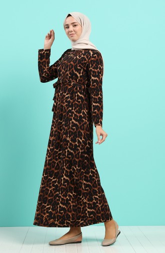 Desenli Kuşaklı Elbise 5709K-01 Siyah Kahverengi