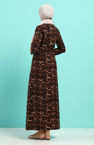 Desenli Kuşaklı Elbise 5709K-01 Siyah Kahverengi