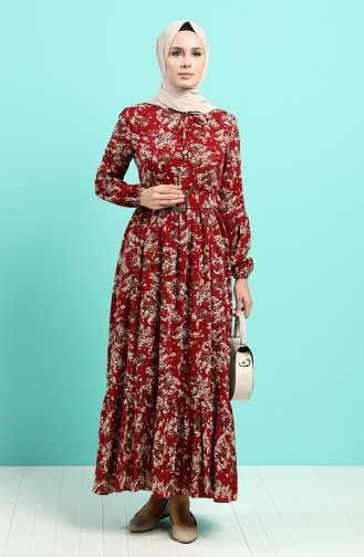 Viscose Floral Patterned Belt Dress 4547-01 Burgundy 4547-01
