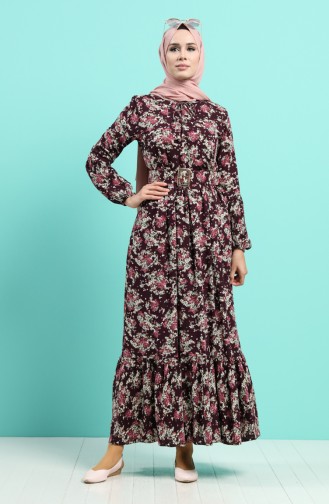 Viscose Floral Patterned Belt Dress 4547-02 Damson 4547-02