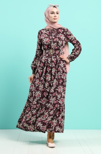 Viscose Floral Patterned Belt Dress 4547-02 Damson 4547-02