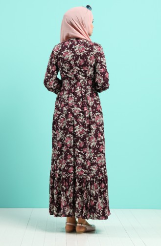 Viscose Floral Patterned Belt Dress 4547-02 Damson 4547-02