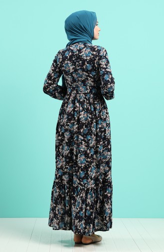 Viscose Floral Patterned Belt Dress 4547-03 Navy Blue 4547-03