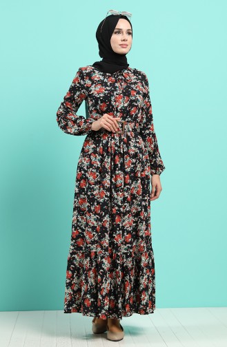 Viscose Floral Print Belt Dress 4547-04 Black Tile 4547-04