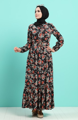 Viscose Floral Print Belt Dress 4547-04 Black Tile 4547-04