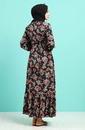 Viskon Çiçek Desenli Kemerli Elbise 4547-04 Siyah Kiremit