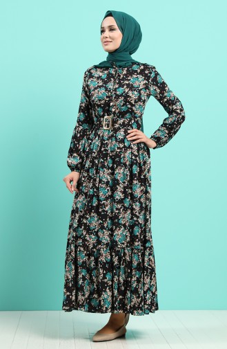 Viscose Floral Print Belt Dress 4547-05 Black Petrol 4547-05