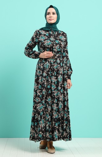 Viscose Floral Print Belt Dress 4547-05 Black Petrol 4547-05
