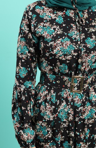 Viscose Floral Print Belt Dress 4547-05 Black Petrol 4547-05