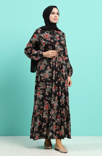 Viskon Çiçek Desenli Kemerli Elbise 4548-02 Siyah Bordo