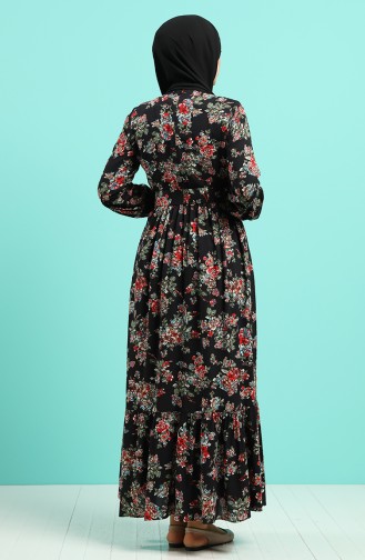 Viskon Çiçek Desenli Kemerli Elbise 4548-02 Siyah Bordo