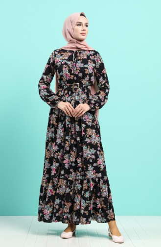 Viscose Floral Patterned Belt Dress 4548-03 Black Dry Rose 4548-03