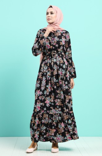 Viscose Floral Patterned Belt Dress 4548-03 Black Dry Rose 4548-03